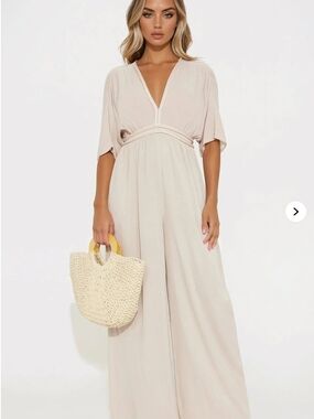 Fashion Nova Neutral V-Neck Wide Leg Jumpsuit-NWT!